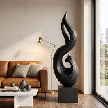Spiral Flame Wood Sculpture With Open Infinity Form