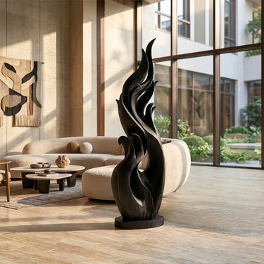 Abstract Wood Sculpture With Layered Flame Leaf Form