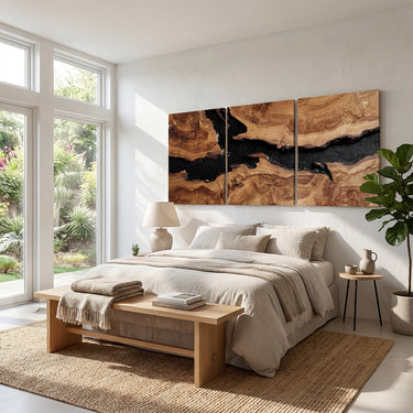 Natural Wood Wall Art With Black River Triptych Panels