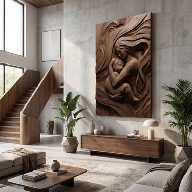 Mother and Child Wood Wall Decor With Natural Relief Design