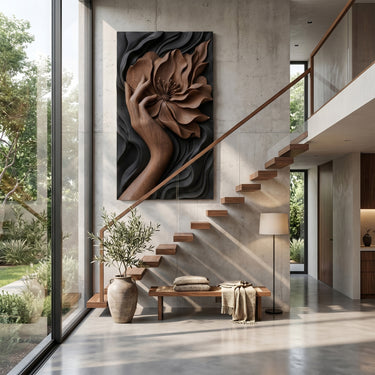 Floral Wood Wall Decor With Hand and Bloom Relief Design
