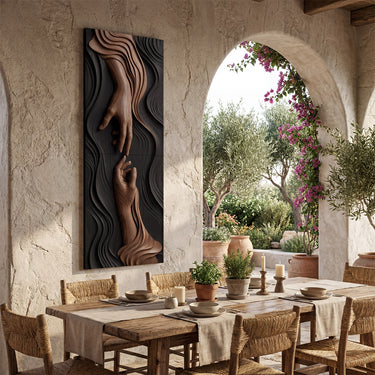 Vertical Wood Wall Decor With Reaching Hands Relief Design