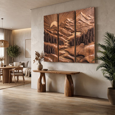 Three Panel Mountain Wood Wall Decor With Sunrise Relief