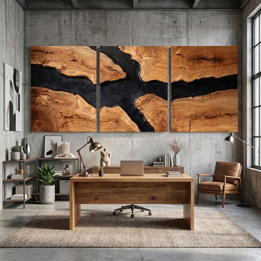 Three Panel Wood Wall Decor With Black River Abstract Design