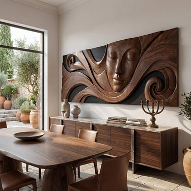 Large Female Face Wood Wall Decor With Flowing Relief Design