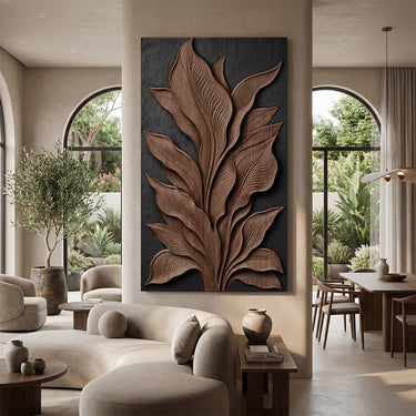 Wood Botanical Wall Art With Layered Leaf Relief Design