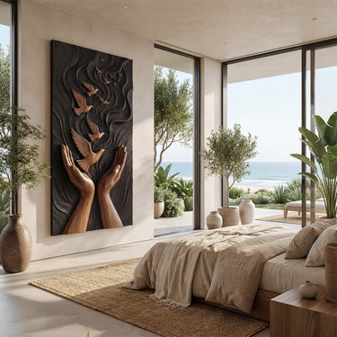 Wood Wall Art With Carved Hands And Flying Birds Design