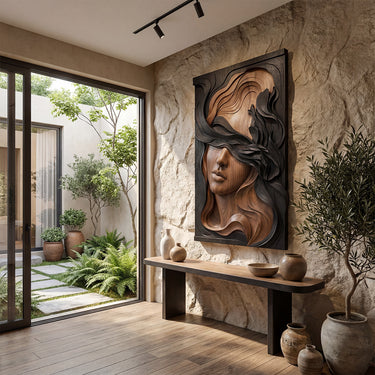 Female Portrait Wood Wall Decor With Black Floral Relief Design