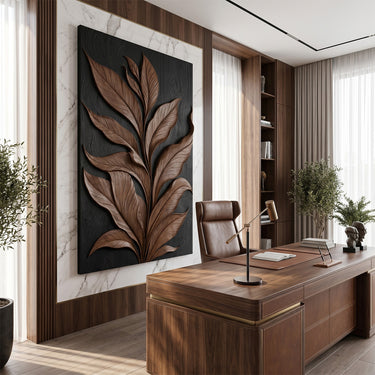 Botanical Wood Wall Decor With Leaf Relief and Black Background
