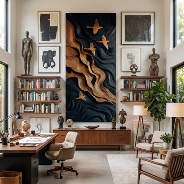 Vertical Wood Wall Decor With Flying Birds and Flowing Relief