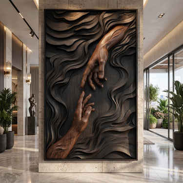 Vertical Wood Wall Decor With Reaching Hands and Black Relief