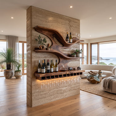 Sculptural Wood Wine Holder with Tree Branch Shelves and Glass Rack