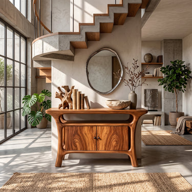 Organic Console Table with Open Shelf and Two Door Cabinet