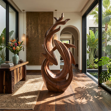 Sculptural Two Fish Wood Decor Statue