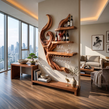 Sculptural Flame Wall Wine Holder with Floating Shelves and Glass Rack