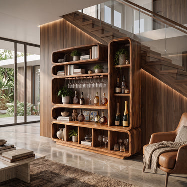 Sculptural Offset Tower Bar Cabinet With Stemware Rack and Display Shelves