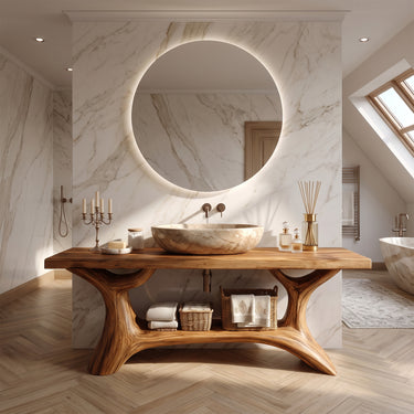 Sculptural Twin Trunk Bathroom Vanity With Integrated Open Shelf