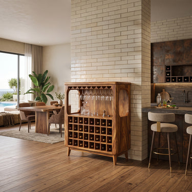 Freestanding Wine Bar Cabinet with Bottle Grid & Stemware Rack
