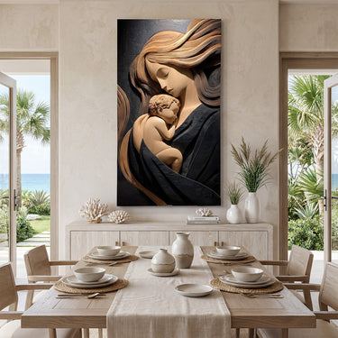 Mother and Child Wood Wall Decor With Sculptural Relief Design