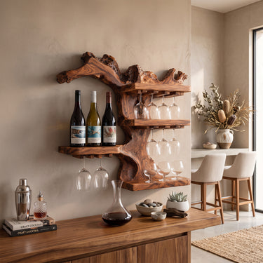 Sculptural Live Edge Wall Wine Holder with Tiered Shelves and Stemware Rack