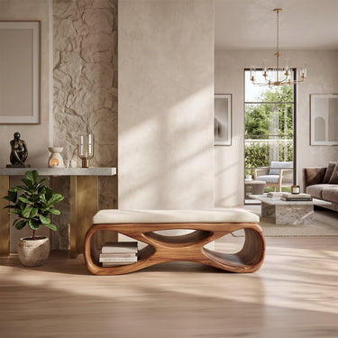 Sculptural Double Loop Wood Bench with Upholstered Seat and Open Shelf