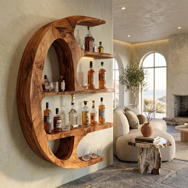 Sculptural Crescent Wall Wine Holder with Multi Level Bottle Display Shelves