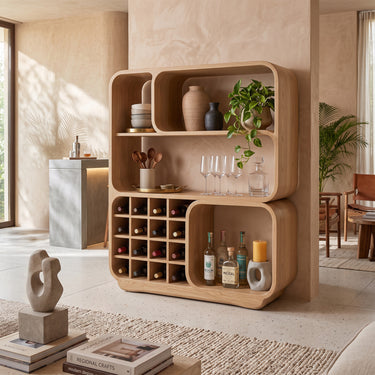 Sculptural Stacked Arch Bar Cabinet With Wine Grid and Display Niches