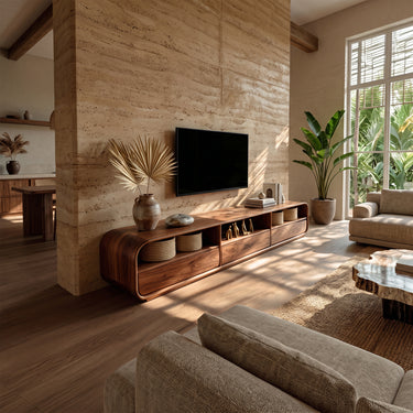 Long Rounded TV Cabinet with Open Shelves and Storage Drawers