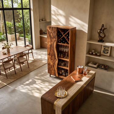 Live Edge Tall Wine Bar Cabinet with X-Shaped Bottle Rack & Stemware Storage