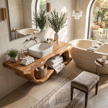Floating Wood Bathroom Vanity with Sculptural Curved Base and Open Shelf