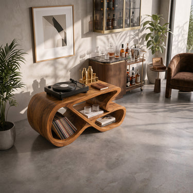 Sculptural Solid Wood Record Player Stand with Vinyl Storage