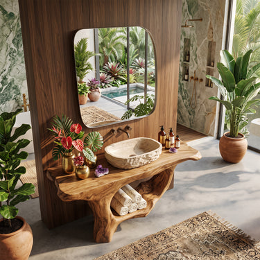 Live Edge Wood Bathroom Vanity with Sculptural Root Loop Base