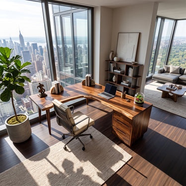 Live Edge L-Shaped Executive Desk with Integrated Drawer Cabinet