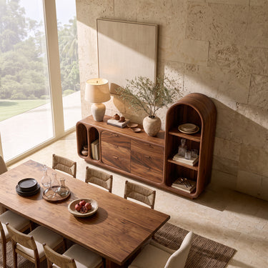 Arched Niche Sideboard with Tower Shelf and Sculpted Drawers