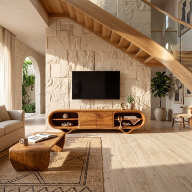 Rounded TV Cabinet with Open Side Shelves and Center Storage