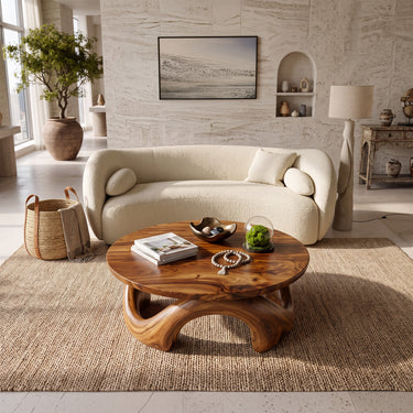 Sculptural Arch Base Round Solid Wood Coffee Table