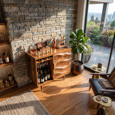 Sculptural Wave Front Wine Bar Cabinet with Bottle & Stemware Storage