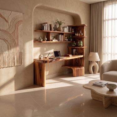 Live Edge Writing Desk with Integrated Bookshelf & Waterfall Base
