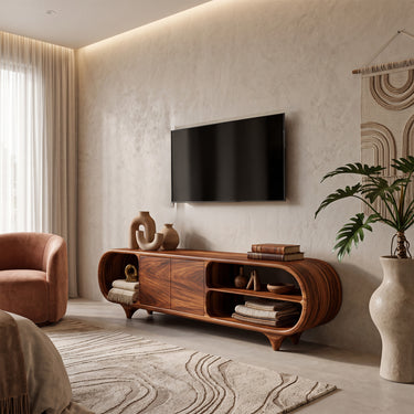 Sculptural Curved TV Cabinet with Open Shelves and Storage