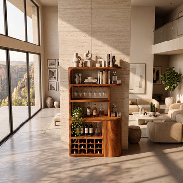 Tall Curved Home Bar Cabinet With Wine Rack and Hanging Stemware Storage