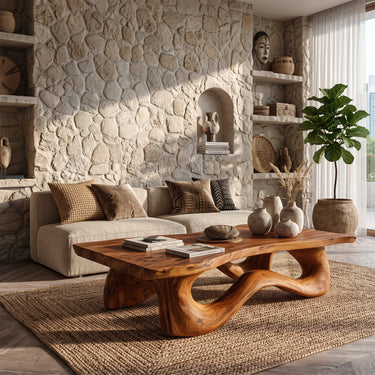 Flowing Wave Base Solid Wood Coffee Table with Live Edge Top