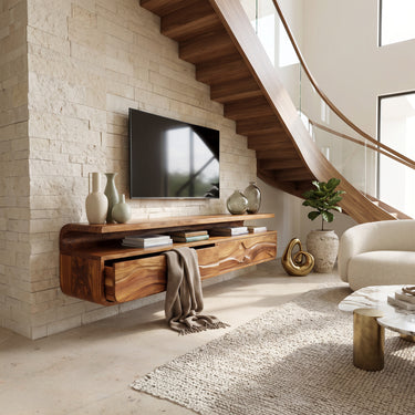 Floating Wave-Carved TV Cabinet with Layered Shelf & Sculptural Wood Front
