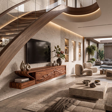 Floating Sculptural TV Cabinet with Carved Mountain Front & Open Shelf
