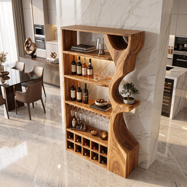 Sculptural Wave Spine Bar Cabinet With Wine Rack and Stemware Storage