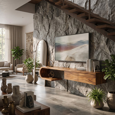 Floating Waterfall TV Cabinet with Curved Open Shelf & Concealed Drawers