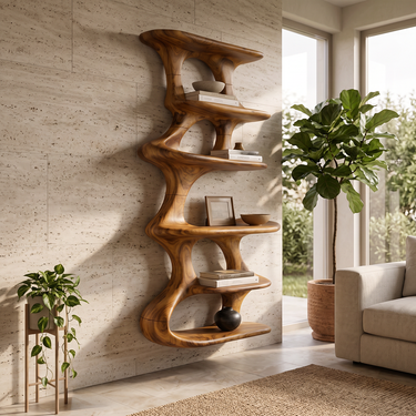 Cascade Form Sculptural Solid Wood Display Shelf with Staggered Open Levels