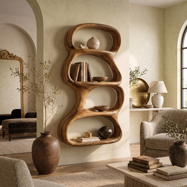 Lunara Loop Sculptural Solid Wood Wall Shelf with Four Organic Display Niches