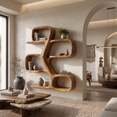 Aurelia Grove Sculptural Solid Wood Organic Wall Bookshelf