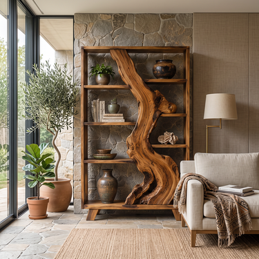 Veyra Live Edge Sculptural Solid Wood Display Bookshelf