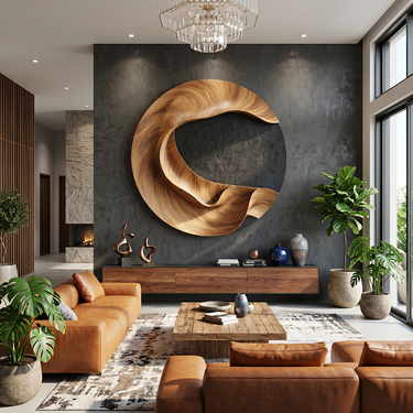 Round Wood Wall Art With Flowing Crescent Relief Design